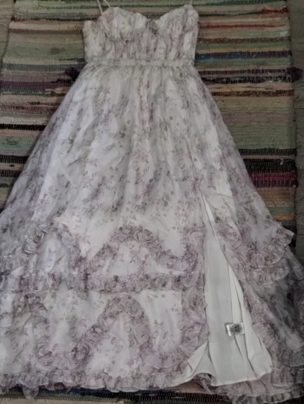 Altar'd State White Dress with Light Purple Floral Ruffles